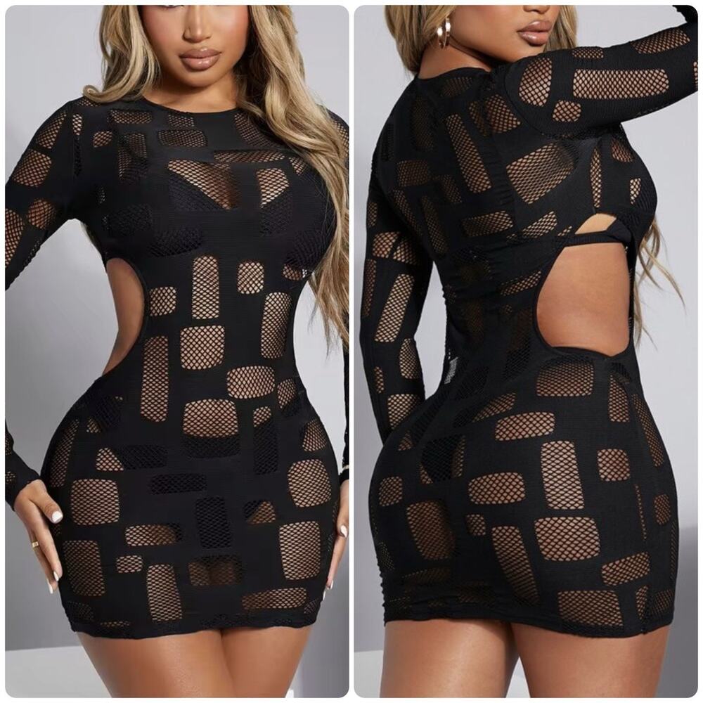 Black Fishnet Sexy Mesh Cutout Bodycon Mini Dress Long Sleeve Size L